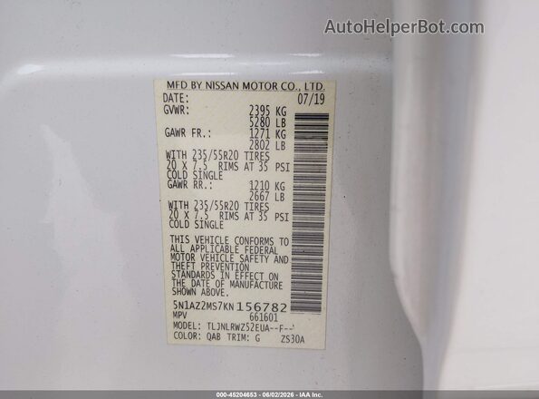5N1AZ2MS7KN156782 2019 NISSAN MURANO White Vista del compartimento del motor