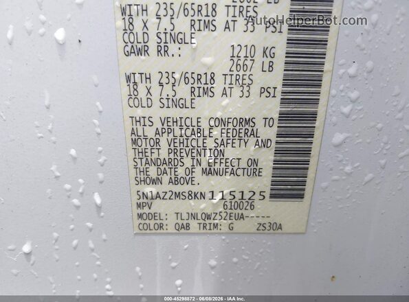 5N1AZ2MS8KN115125 2019 NISSAN MURANO White 
