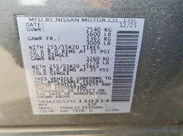 5N1AZ3CS2TC110314 2026 NISSAN MURANO Gray VIN sticker view