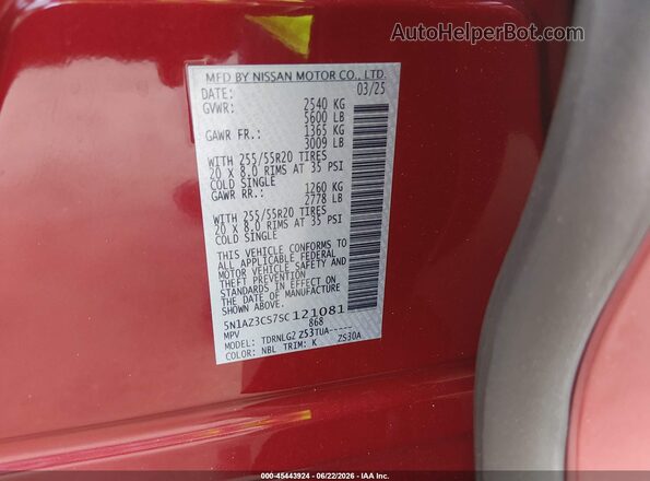 5N1AZ3CS7SC121081 2025 NISSAN MURANO Red Շարժիչի բաժամունքի տեսք