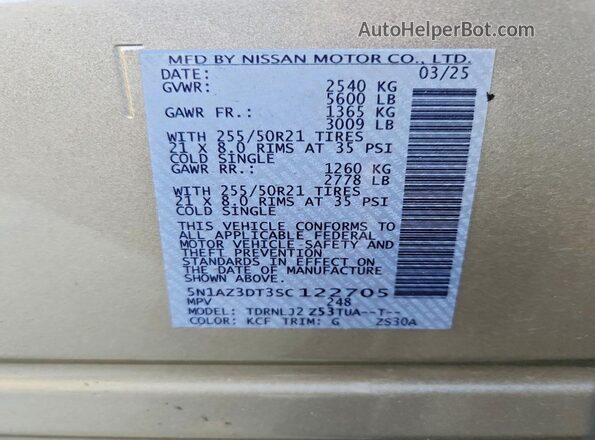 5N1AZ3DT3SC122705 2025 NISSAN MURANO Gold 