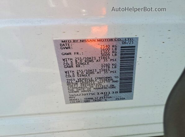 5N1AZ3DT7SC140138 2025 NISSAN MURANO Белый Вид наклейки с VIN-кодом