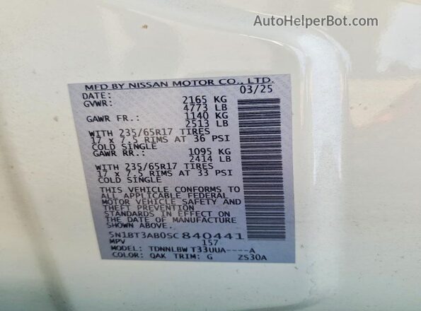 5N1BT3AB0SC840441 2025 NISSAN ROGUE White Vista de la etiqueta del VIN