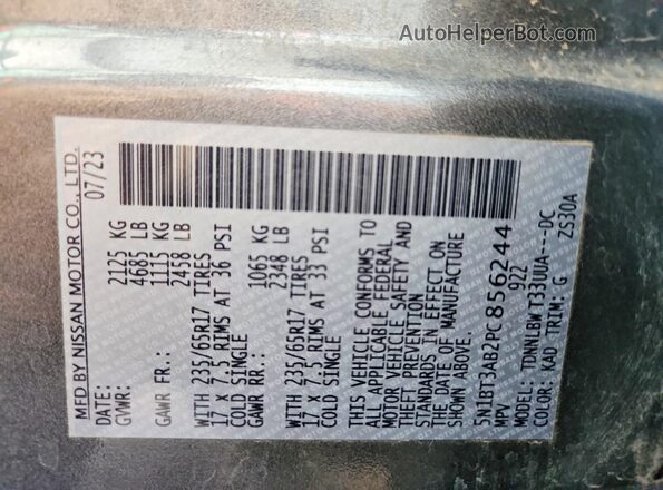 5N1BT3AB2PC856244 2023 NISSAN ROGUE Gray VIN კოდის სტიკერის ხედი