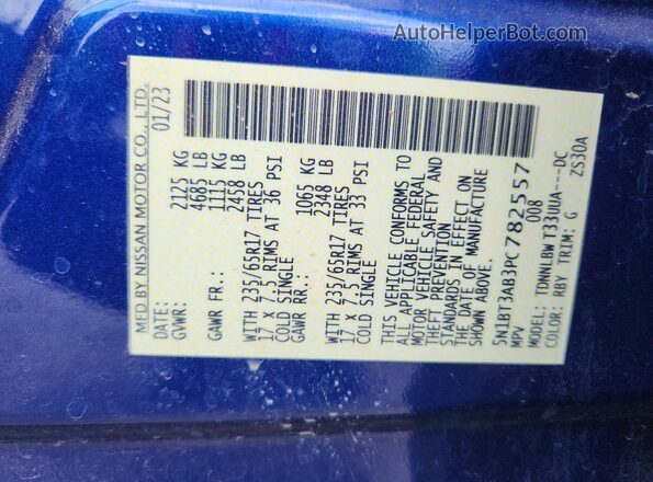 5N1BT3AB3PC782557 2023 NISSAN ROGUE Blue VIN կոդի պիտակի տեսք