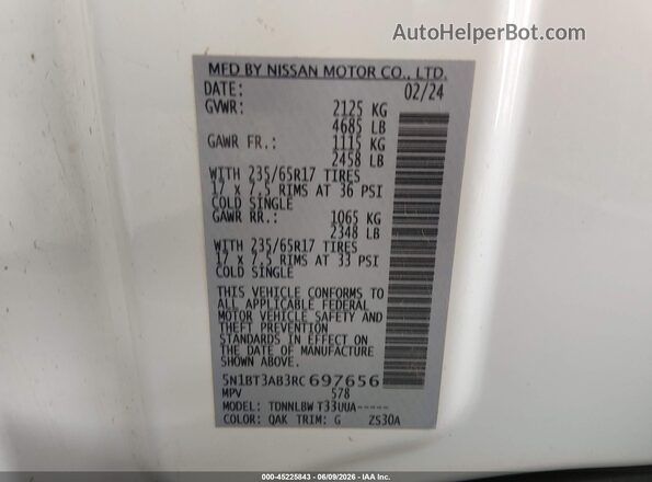 5N1BT3AB3RC697656 2024 NISSAN ROGUE White Շարժիչի բաժամունքի տեսք