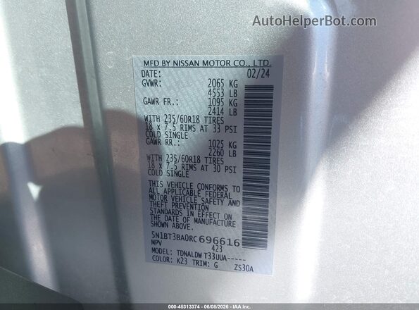 5N1BT3BA0RC696616 2024 NISSAN ROGUE Silver Engine compartment view