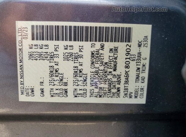 5N1BT3BA6PC801902 2023 NISSAN ROGUE Gray VIN sticker view