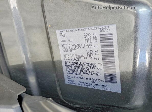 5N1BT3BA6PC840005 2023 NISSAN ROGUE Gray VIN კოდის სტიკერის ხედი