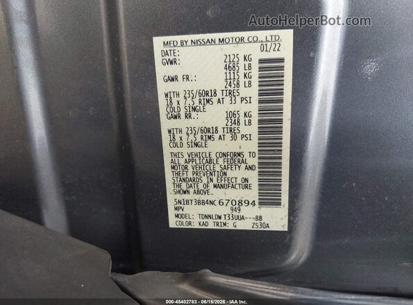 5N1BT3BB4NC670894 2022 NISSAN ROGUE Gray Vista del compartimento del motor