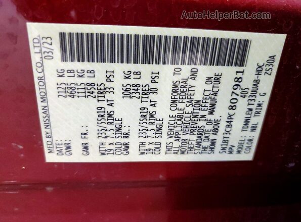 5N1BT3CB4PC807981 2023 NISSAN ROGUE Red VIN sticker view