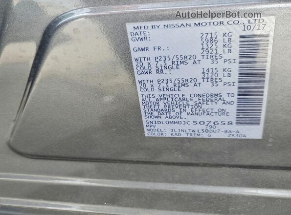 5N1DL0MM0JC507658 2018 INFINITI QX60 Gray Widok naklejki z numerem VIN