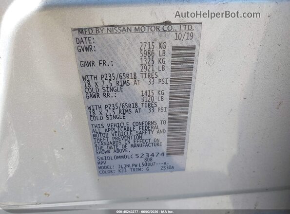 5N1DL0MM0LC523474 2020 INFINITI QX60 Silver Widok komory silnika