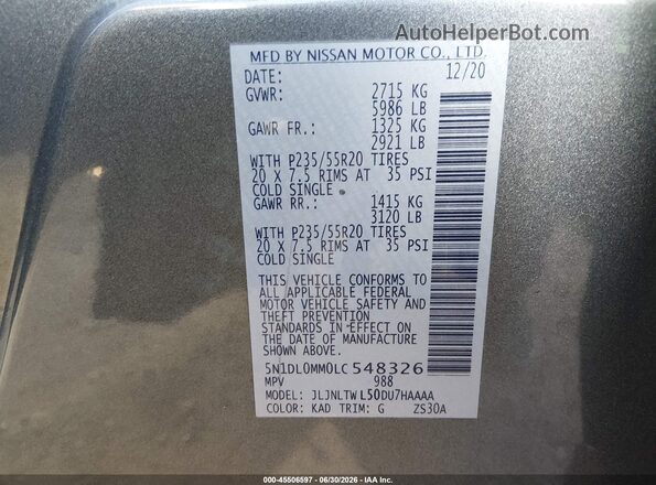 5N1DL0MM0LC548326 2020 INFINITI QX60 Gray Շարժիչի բաժամունքի տեսք