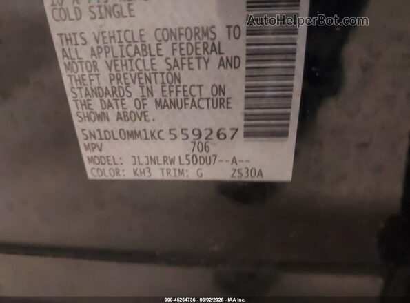 5N1DL0MM1KC559267 2019 INFINITI QX60 Black Вид підкапотного простору