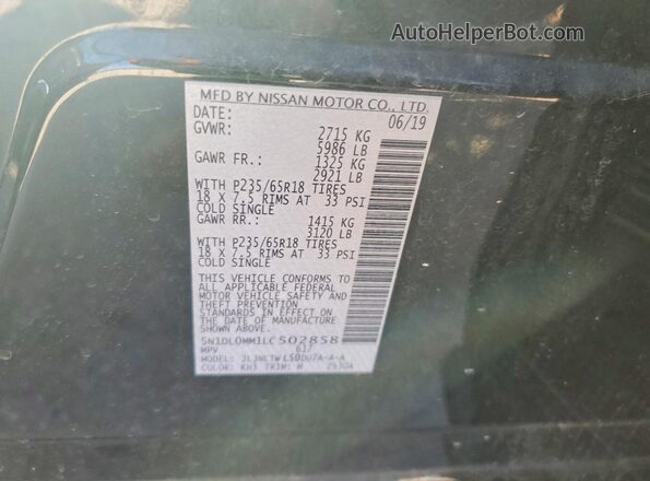 5N1DL0MM1LC502858 2020 INFINITI QX60 Black Widok naklejki z numerem VIN