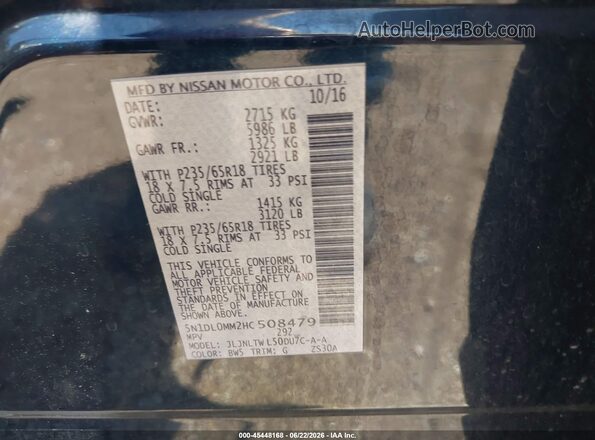 5N1DL0MM2HC508479 2017 INFINITI QX60 Blue ძრავის განყოფილების ხედი