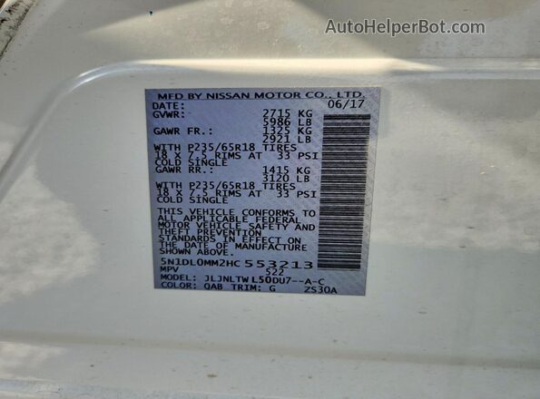 5N1DL0MM2HC553213 2017 INFINITI QX60 White Vista de la etiqueta del VIN