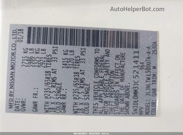 5N1DL0MM3JC521411 2018 INFINITI QX60 White Շարժիչի բաժամունքի տեսք