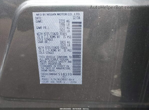5N1DL0MM4HC518110 2017 INFINITI QX60 Gray Շարժիչի բաժամունքի տեսք