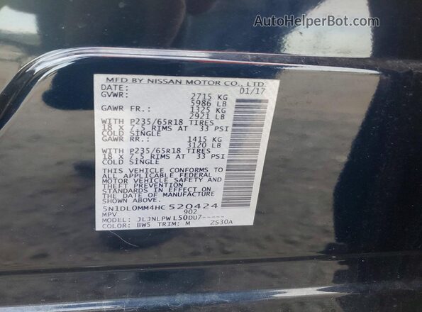 5N1DL0MM4HC520424 2017 INFINITI QX60 Blue Vista de la etiqueta del VIN