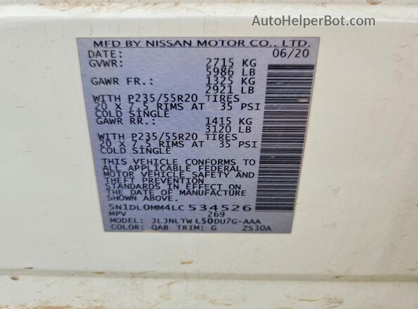 5N1DL0MM4LC534526 2020 INFINITI QX60 White Vista de la etiqueta del VIN