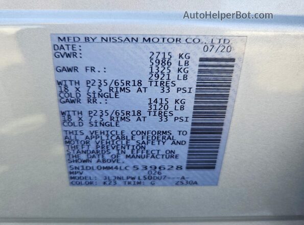 5N1DL0MM4LC539628 2020 INFINITI QX60 Silver 
