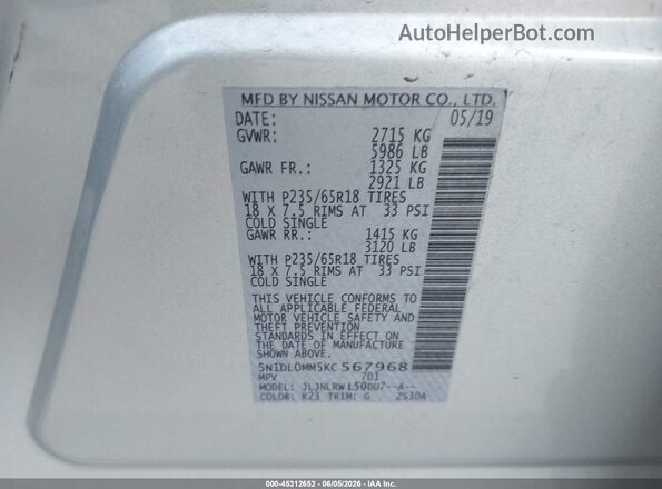 5N1DL0MM5KC567968 2019 INFINITI QX60 Silver ძრავის განყოფილების ხედი