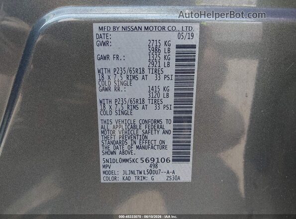 5N1DL0MM5KC569106 2019 INFINITI QX60 Gray Vista del compartimento del motor