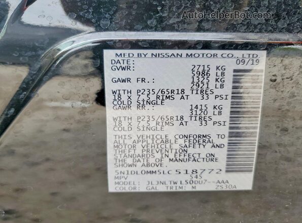 5N1DL0MM5LC518772 2020 INFINITI QX60 Black Vista de la etiqueta del VIN