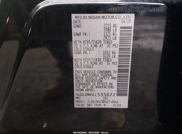 5N1DL0MM5LC535622 2020 INFINITI QX60 Blue Vista del compartimento del motor