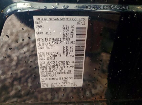 5N1DL0MM6KC510601 2019 INFINITI QX60 Blue VIN კოდის სტიკერის ხედი