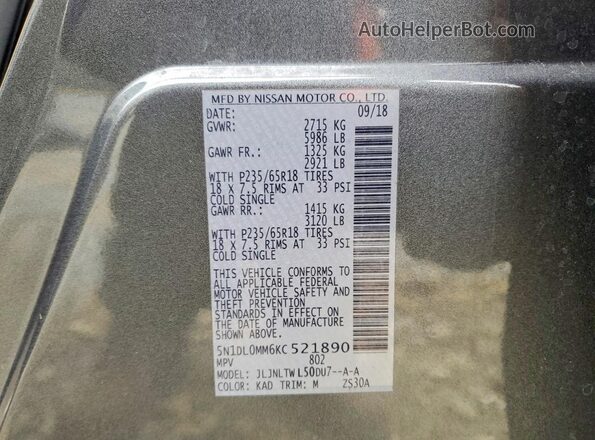5N1DL0MM6KC521890 2019 INFINITI QX60 Gray VIN կոդի պիտակի տեսք