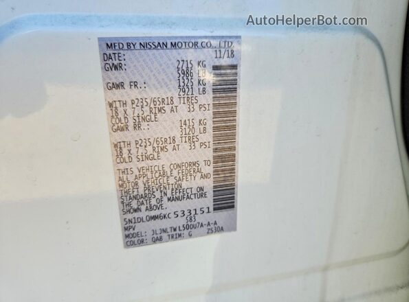 5N1DL0MM6KC533151 2019 INFINITI QX60 White 