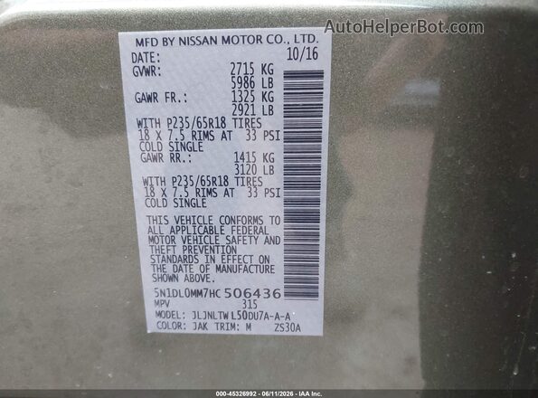 5N1DL0MM7HC506436 2017 INFINITI QX60 Green Widok komory silnika