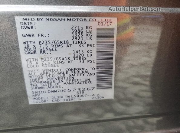 5N1DL0MM7HC523267 2017 INFINITI QX60 Gray VIN sticker view