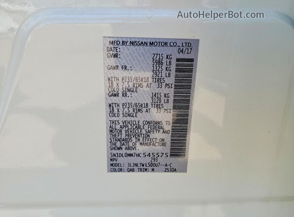 5N1DL0MM7HC545575 2017 INFINITI QX60 Белый Вид наклейки с VIN-кодом