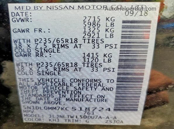 5N1DL0MM7KC518724 2019 INFINITI QX60 Черный Вид наклейки с VIN-кодом