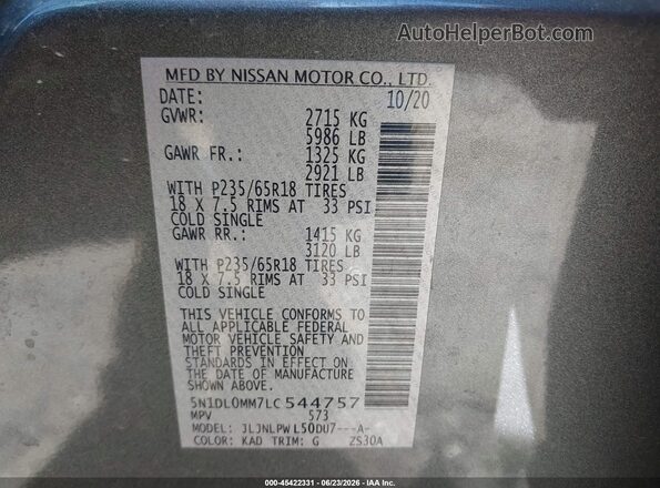 5N1DL0MM7LC544757 2020 INFINITI QX60 Gray ძრავის განყოფილების ხედი