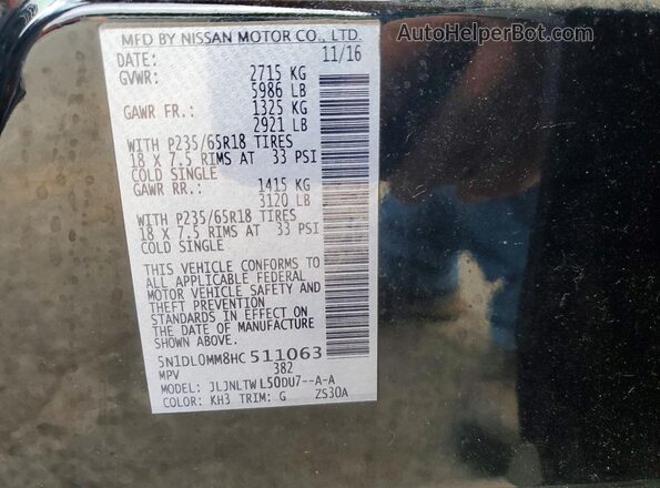 5N1DL0MM8HC511063 2017 INFINITI QX60 Black VIN կոդի պիտակի տեսք