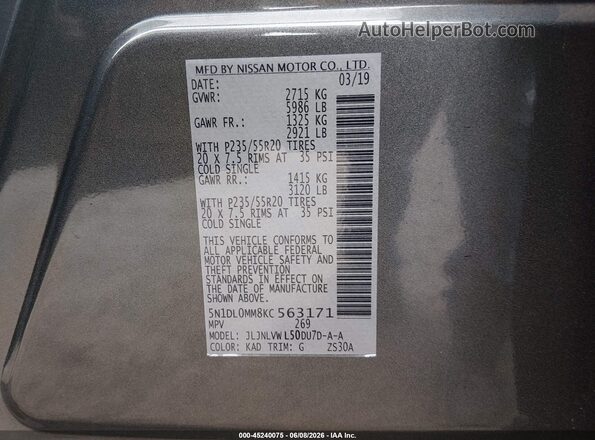 5N1DL0MM8KC563171 2019 INFINITI QX60 Gray Вид підкапотного простору