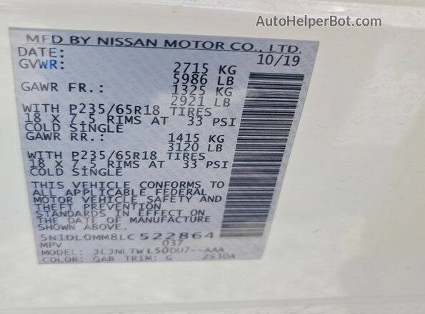 5N1DL0MM8LC522864 2020 INFINITI QX60 White Вид наклейки з VIN-кодом