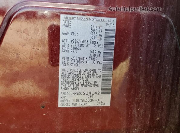 5N1DL0MM9KC514142 2019 INFINITI QX60 Maroon VIN კოდის სტიკერის ხედი