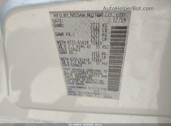 5N1DL0MM9KC557170 2019 INFINITI QX60 Серебряный Вид подкапотного пространства