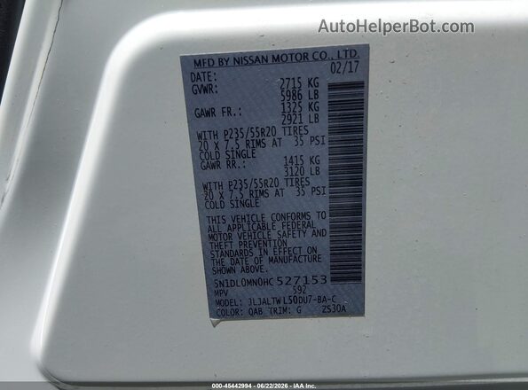 5N1DL0MN0HC527153 2017 INFINITI QX60 White Вид підкапотного простору