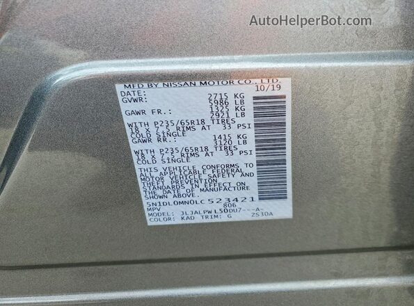 5N1DL0MN0LC523421 2020 INFINITI QX60 Gray VIN կոդի պիտակի տեսք