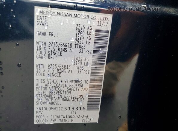 5N1DL0MN1JC513316 2018 INFINITI QX60 Blue VIN կոդի պիտակի տեսք