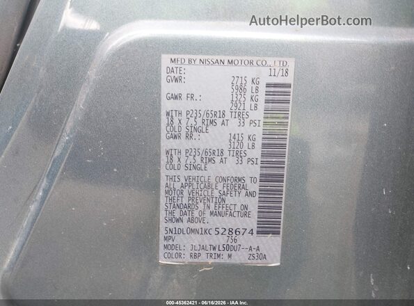 5N1DL0MN1KC528674 2019 INFINITI QX60 Gray Engine compartment view