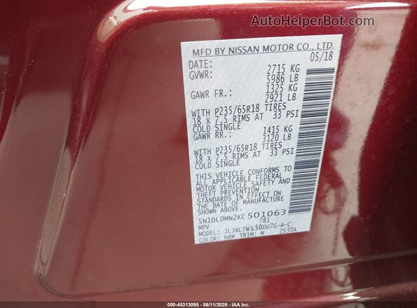 5N1DL0MN2KC501063 2019 INFINITI QX60 Burgundy Vista del compartimento del motor
