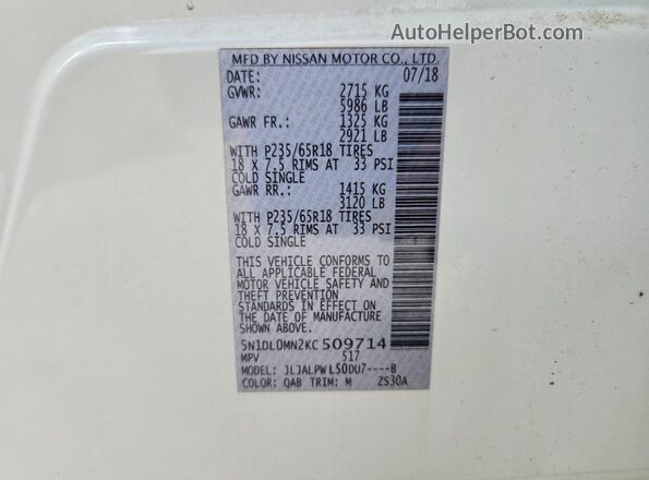 5N1DL0MN2KC509714 2019 INFINITI QX60 White Widok naklejki z numerem VIN